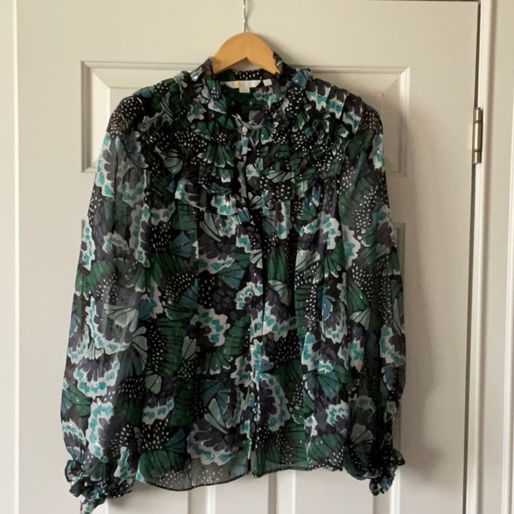 Johnnie Boden Sheer Ruffle-Front Shirt